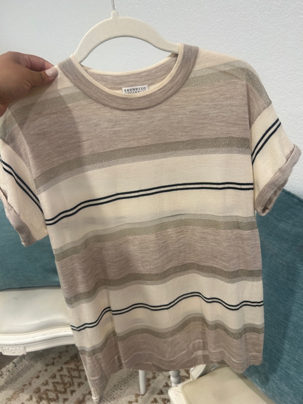 Brunello Cucinelli Neutral Stripe Short Sleeve Knit Tee